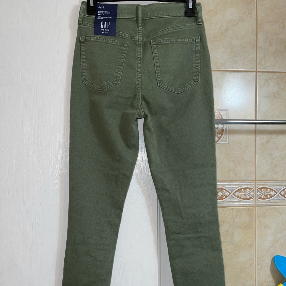 Army Green high rise true skinny jeans ankle cut.